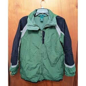 LL Bean Women's LS Winter Zip Coat Jacket Hood Green Navy Large 14-16 Fleece